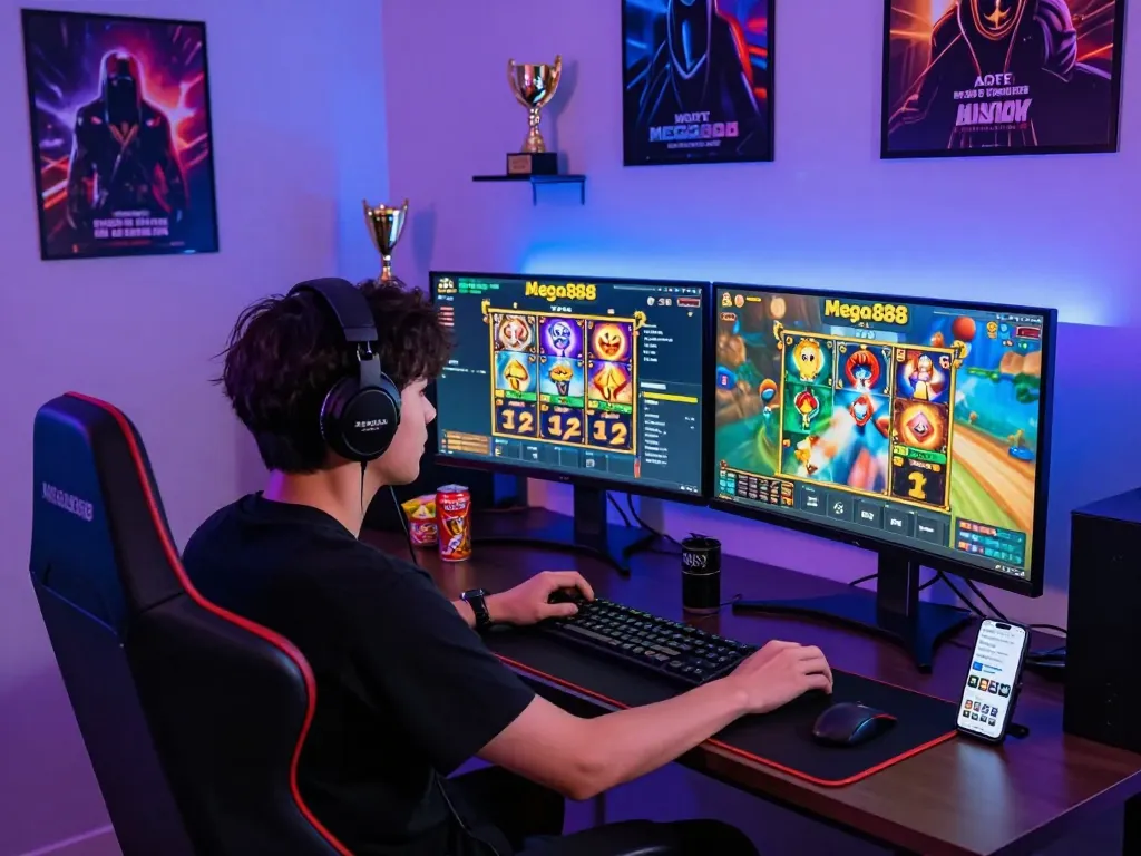 Engaged gamer maximizing free credit mega888 in a vibrant home setup with multiple monitors and colorful slot games.