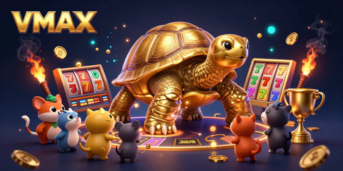 Experience thrilling gambling action at VMAX with a vibrant pinball-playing tortoise and dynamic gaming elements.