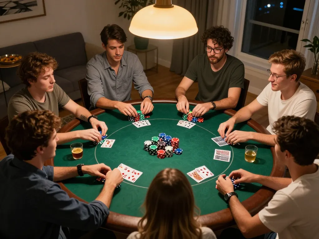 vin88 players enjoying a thrilling home poker game night with chips and cards visible