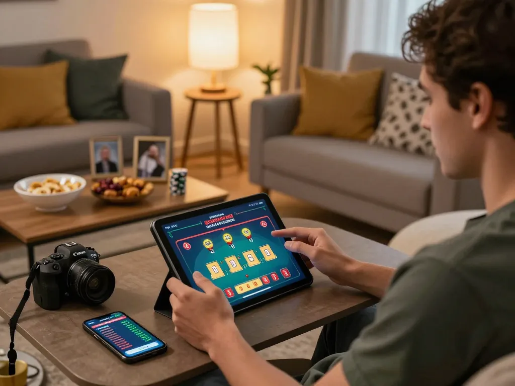 Engaged player strategizing on the Rik vip app in a cozy home gaming setup.