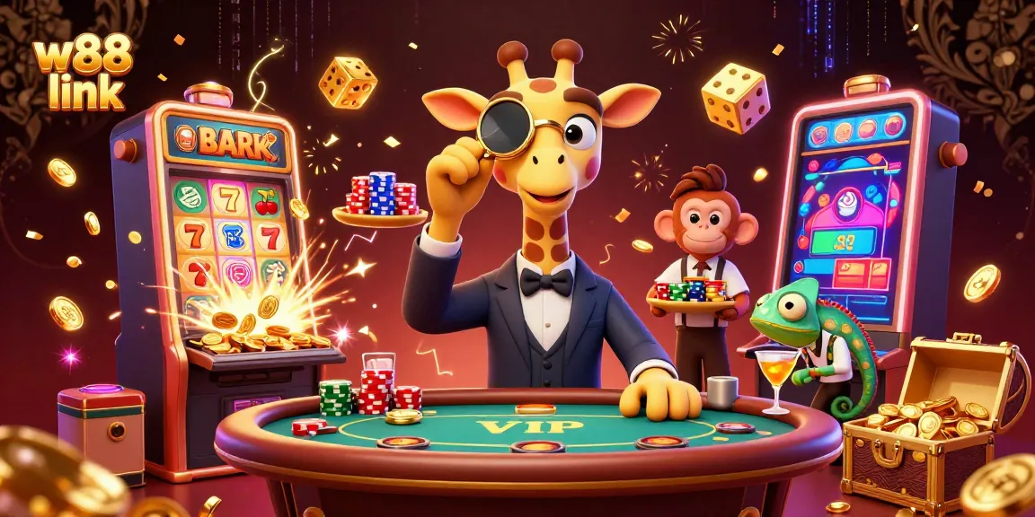 Win big with the exciting W88 link in a dynamic casino scene filled with colorful characters and games.