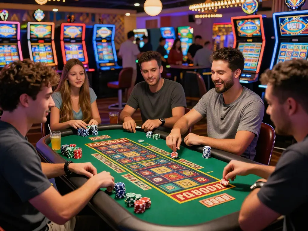 Ratutogel di kasino yang meriah, teman-teman bermain lotere dengan ceria, suasana energik dan tiket berwarna-warni.