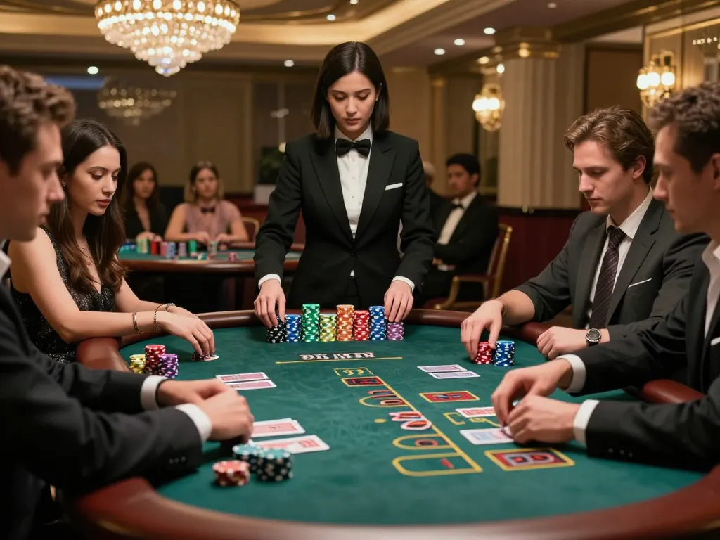 GO88 players intensely strategizing bets at a luxurious blackjack table with colorful chips.
