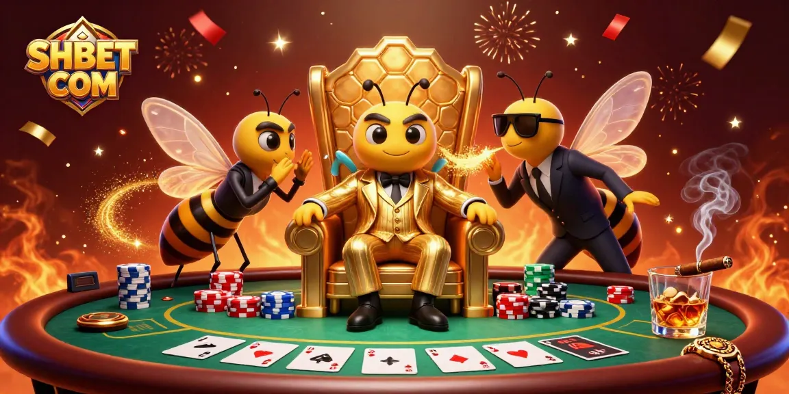 Engage in casino excitement with SHBET COM, featuring a bumblebee mob boss and poker elements.