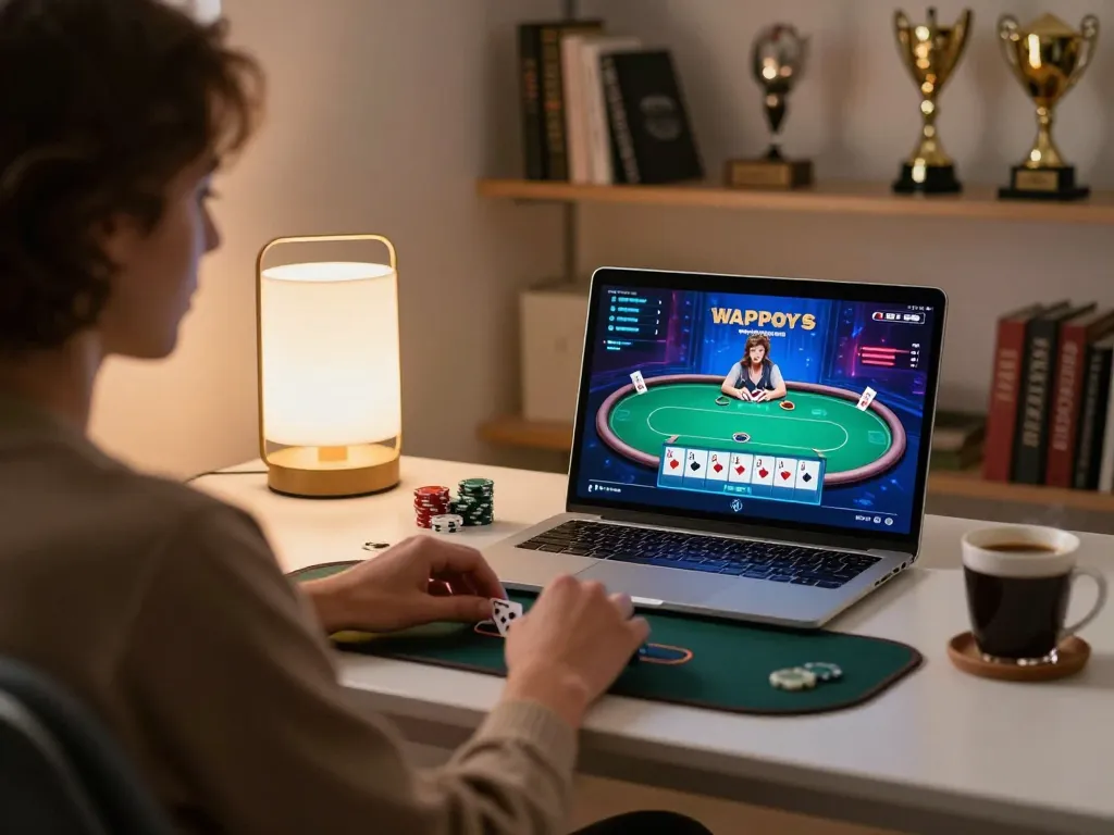 Player engaged in online poker at home, showcasing Rik vip gaming strategy and comfort.