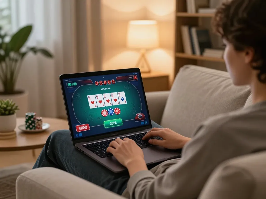 Playing casino games at home with cm88 com on the screen, showcasing a cozy gaming atmosphere
