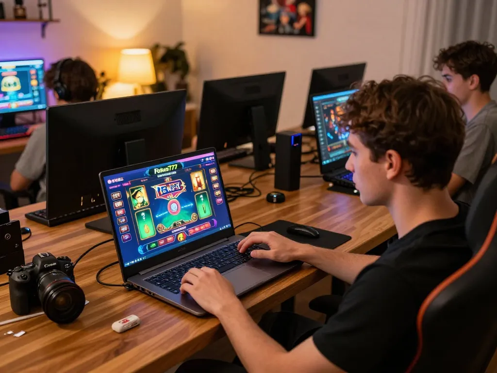 Engaging with Fokus777 online casino on sleek laptop, showcasing strategic gameplay and colorful game graphics.