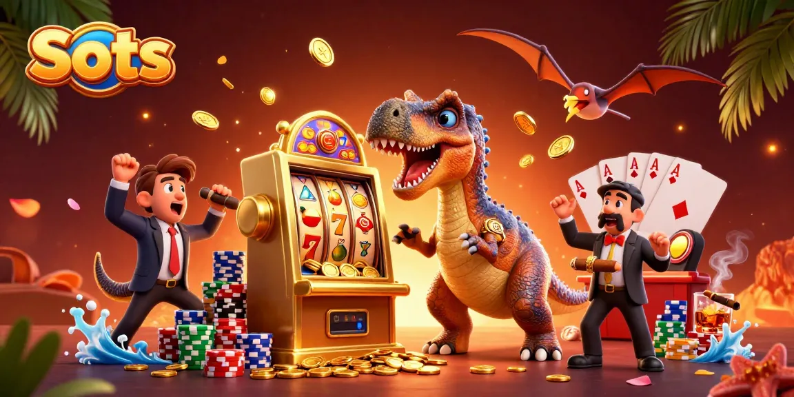 Slots feature a cartoon dinosaur hitting a jackpot on a golden machine amidst vibrant casino elements.