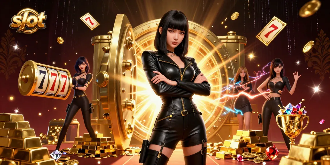 Engage with vibrant slot reels surrounded by treasure in this stunning casino illustration.