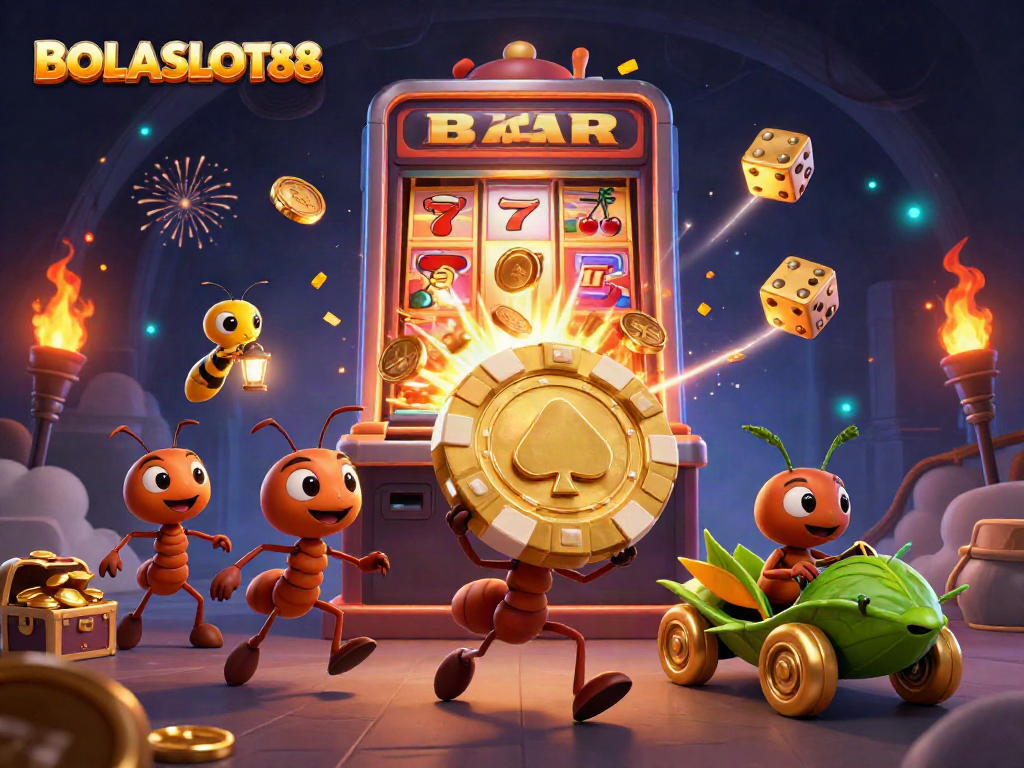 BOLASLOT88 showcases a daring heist by 3D ants carrying a giant poker chip, encapsulating the thrill of casino games.
