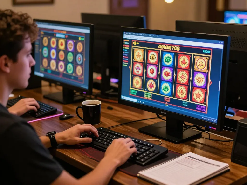 Engaging with aman788 slot gacor on a vibrant online casino interface during a cozy gaming session.
