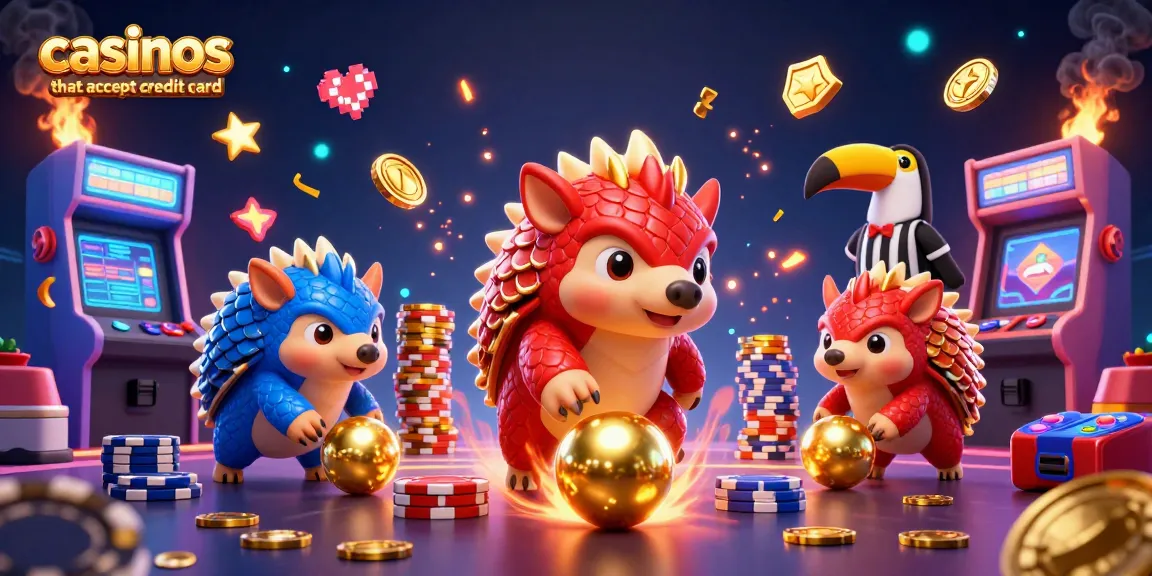 Engaging illustration of pangolins in armor bowling through poker chips representing casinos that accept credit card.