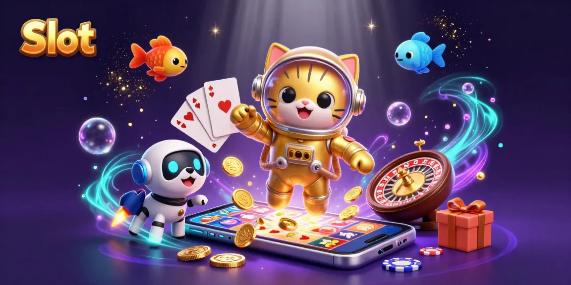 Play Slot games with a vibrant 3D illustration featuring astronaut cat, robot dog, and colorful slot elements.