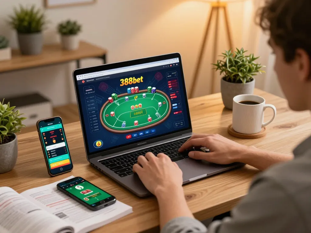 Engaging online gaming scene at 388bet with player analyzing poker strategies while betting from home