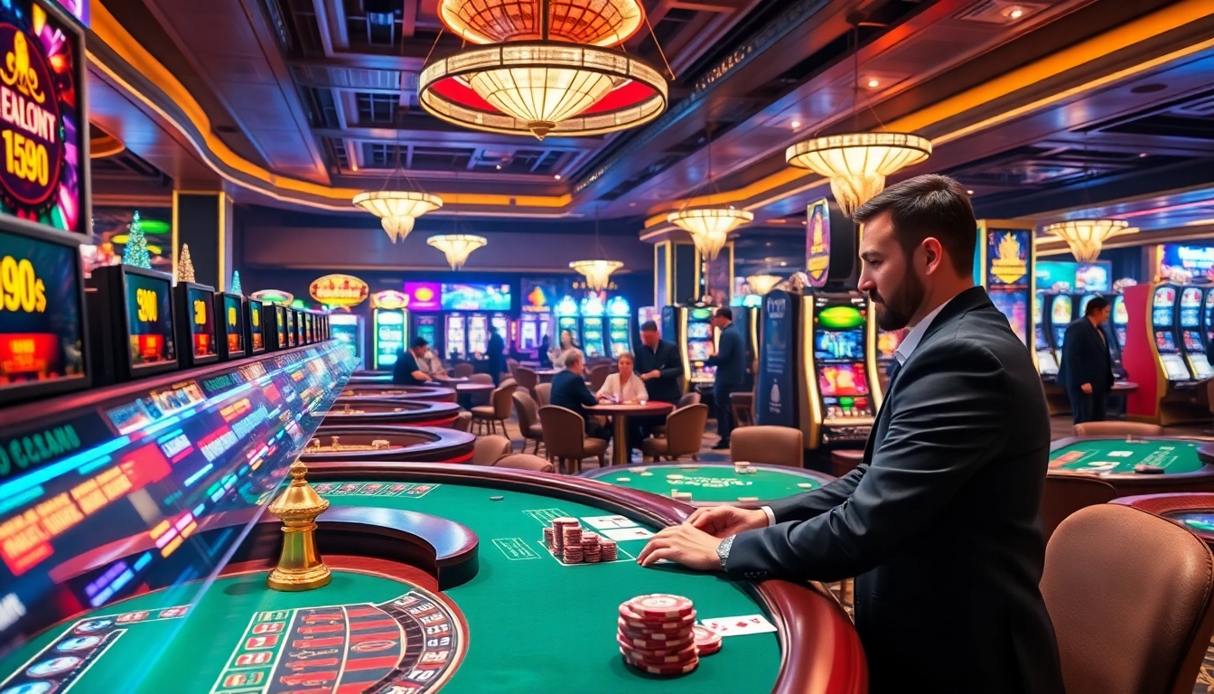 Experience thrilling gambling action at WW 88's luxurious casino, featuring vibrant gaming tables and slot machines.