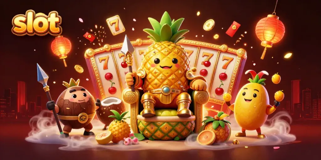 Experience exciting slot action with golden pineapple king and vibrant casino elements.