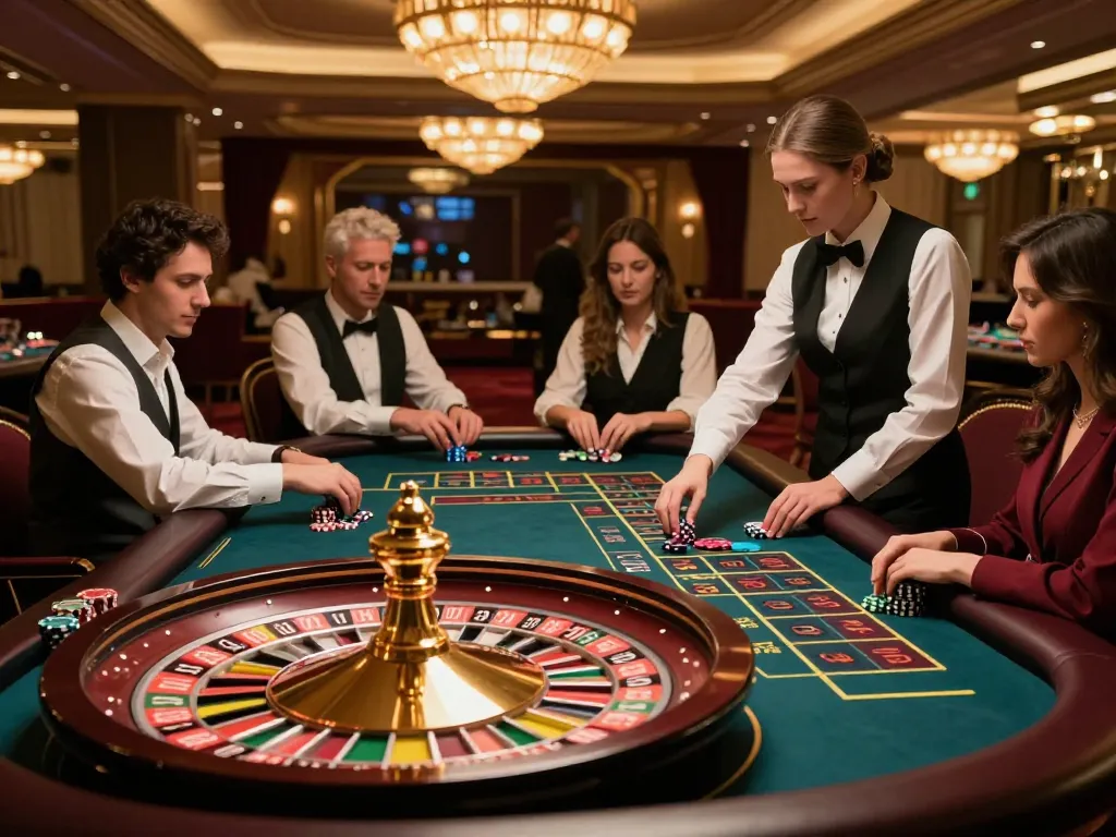 NET88 casino scene captures intense roulette gameplay with players placing bets and croupier managing the table.