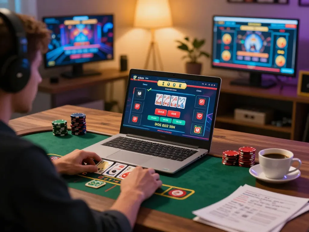 Gamer memasang taruhan dengan aman788 slot gacor pada permainan blackjack dealer langsung, menampilkan pengaturan permainan di rumah