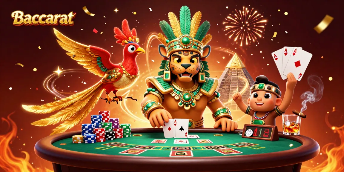 Baccarat game featuring a 3D cartoon Mayan jaguar priest with vibrant casino elements.