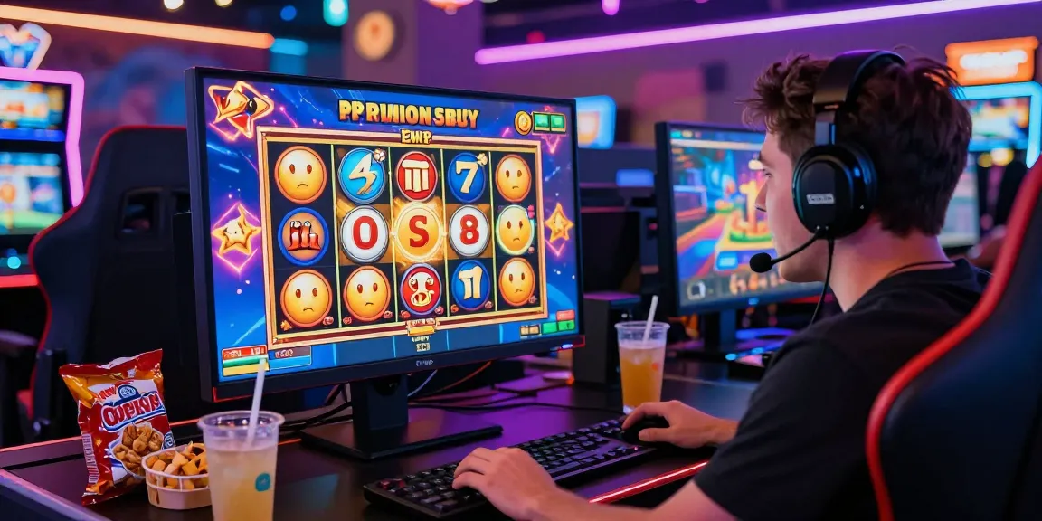 Player experiencing the thrill of bonus buy slots at an engaging online gaming setup, illuminated by vibrant visuals.