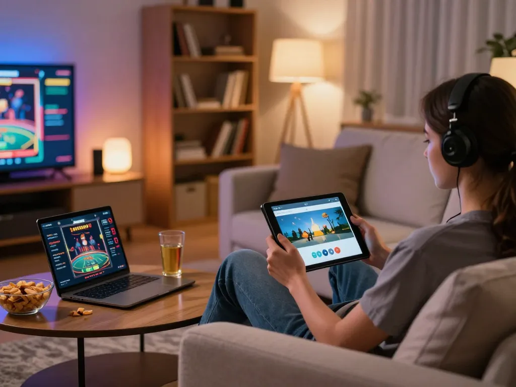 Engaging with the Jeetbuzz App on a tablet during a cozy online gaming session at home.