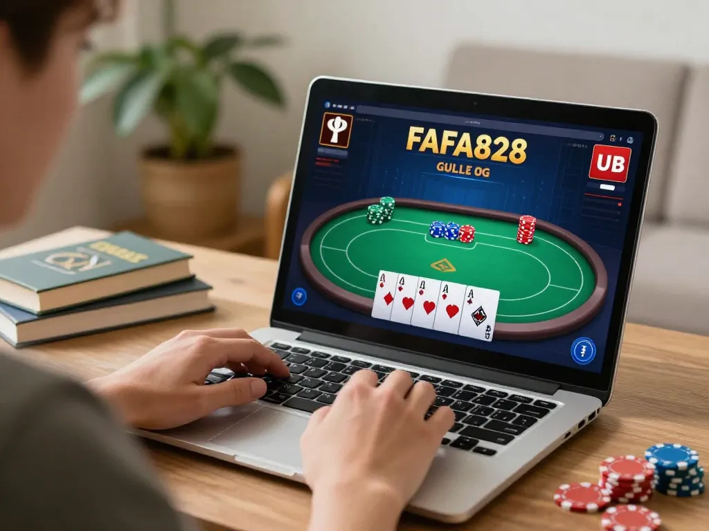 ผู้เล่นกำลังวางกลยุทธ์ระหว่างเกมโป๊กเกอร์ FAFA828 บนแล็ปท็อปในบรรยากาศที่อบอุ่นของบ้าน