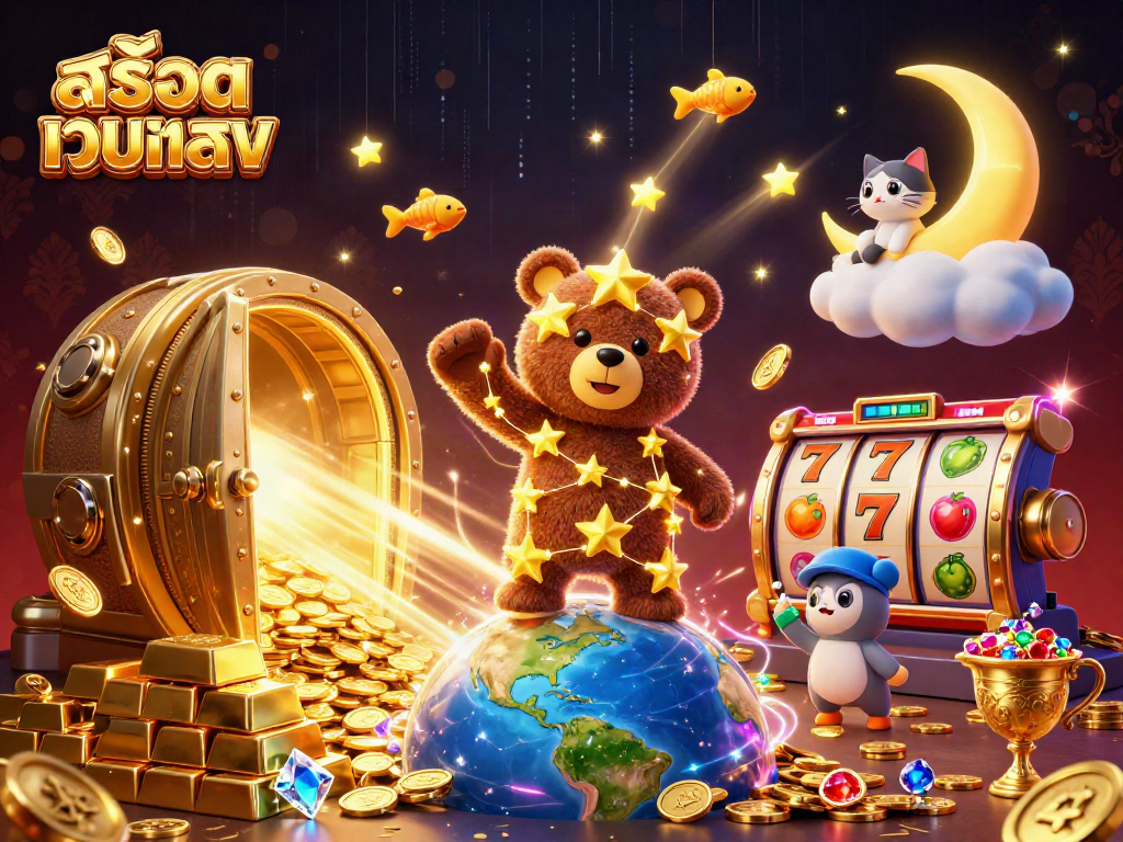 Experience สล็อตเว็บตรง with a constellation bear scooping coins and vibrant slot reels in a rich 3D casino scene.