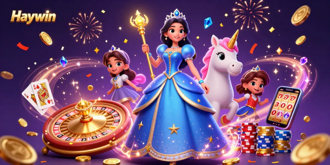 Experience the excitement of Haywin while winning golden coins and playing cards in a magical casino scene.