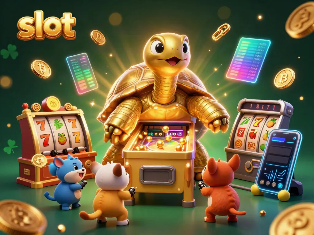 Play exciting slot games with a large tortoise resembling a pinball machine and animated characters.