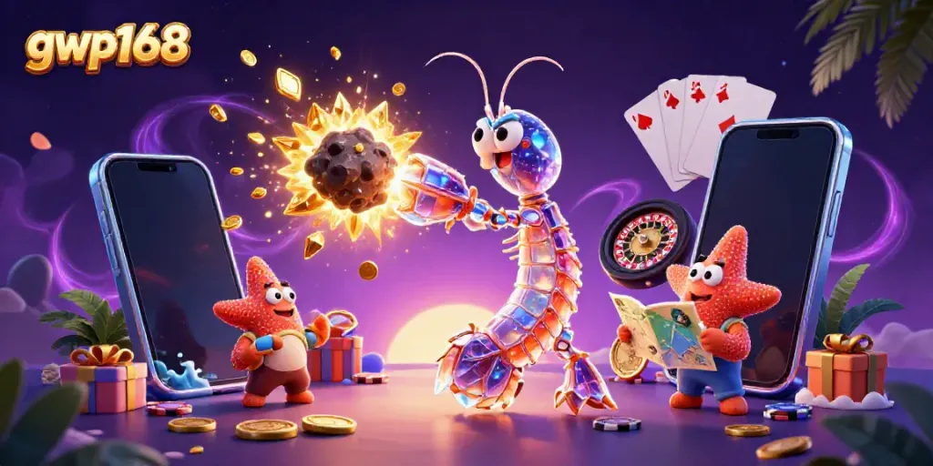 Gwp168 menggelindingkan kemenangan dengan shrimp galaksi dan peta bintang dalam ilustrasi kasino.