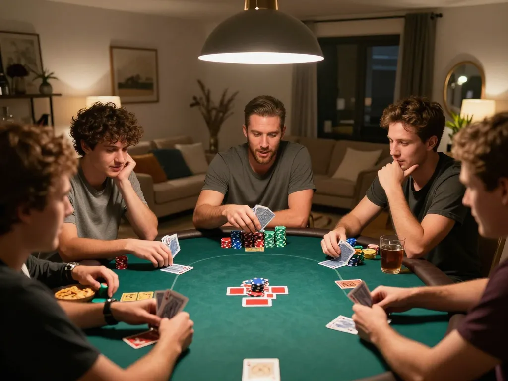 KONG 88 poker night excitement with friends at home, strategic gameplay under soft lighting