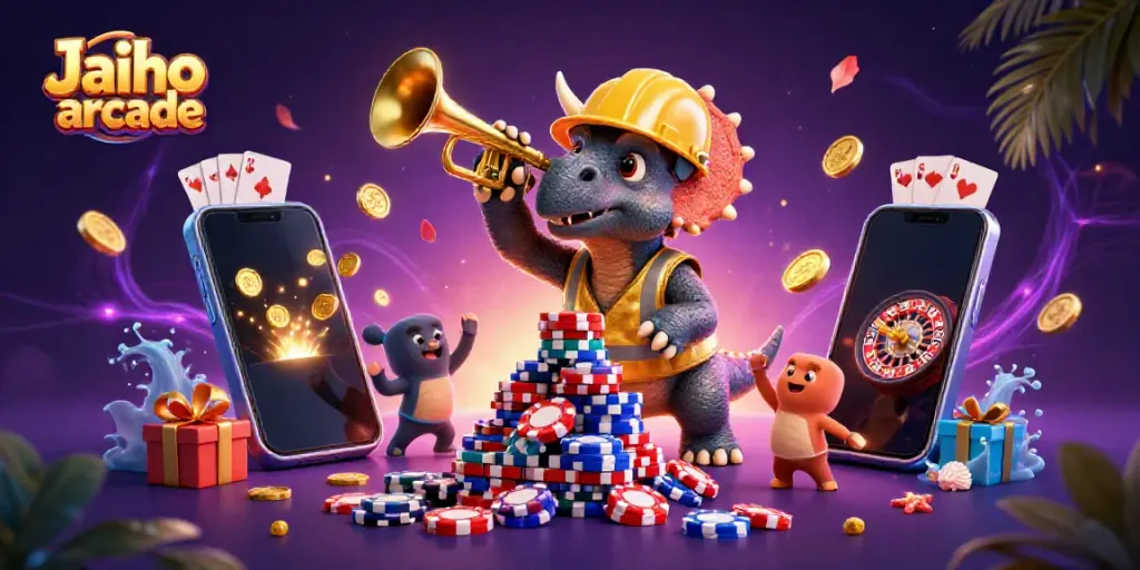 Experience gaming excitement at Jaiho arcade with dynamic characters and vivid casino elements.