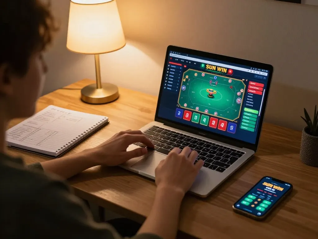 Playing online poker on Sun win interface in a cozy home setup, showcasing strategic gameplay