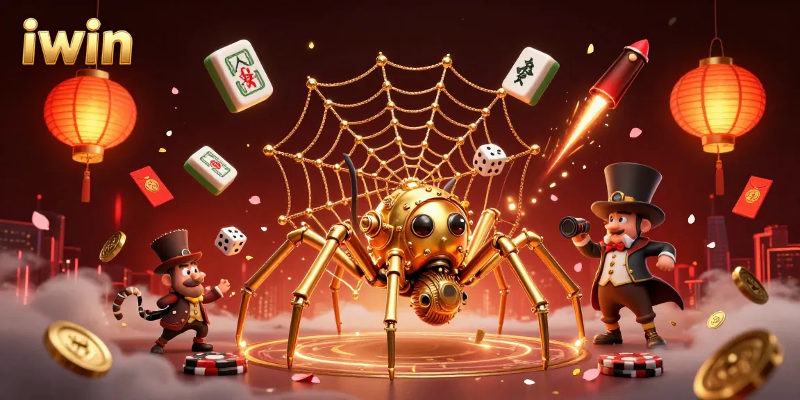 Join the fun at iwin with a steampunk spider illustration catching dice and spinning treasures in a vibrant casino scene.