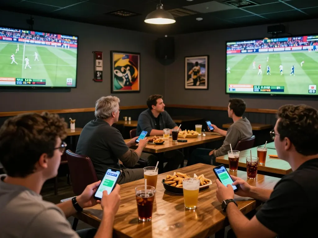 Patrons engaging in tin soi kèo with smartphones at a bustling sports bar during game day