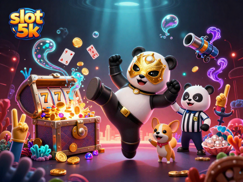Engage with slot 5k as a panda wrestler kicks while audiences cheer in a vibrant casino scene.