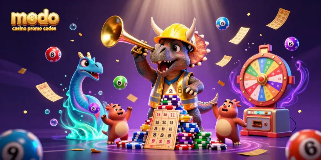 Join the fun with modo casino promo codes as a triceratops builds a chip pyramid amid colorful lottery elements.