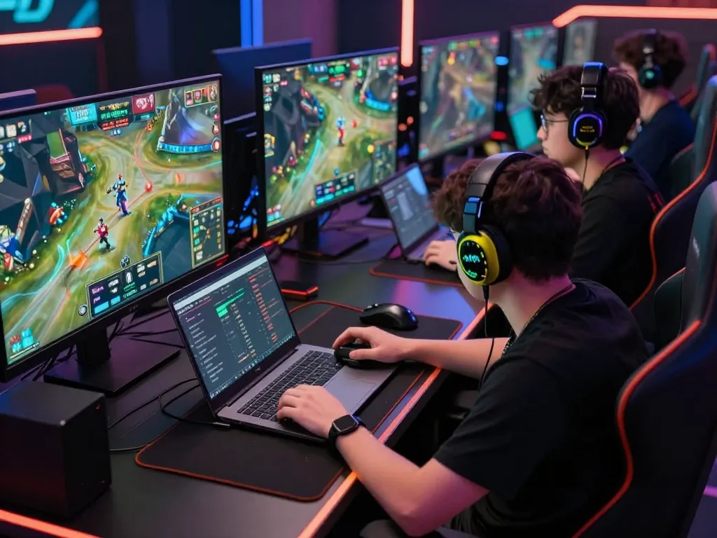 Engaging esports betting scene featuring a player analyzing Q88 betting odds at a sleek gaming desk.