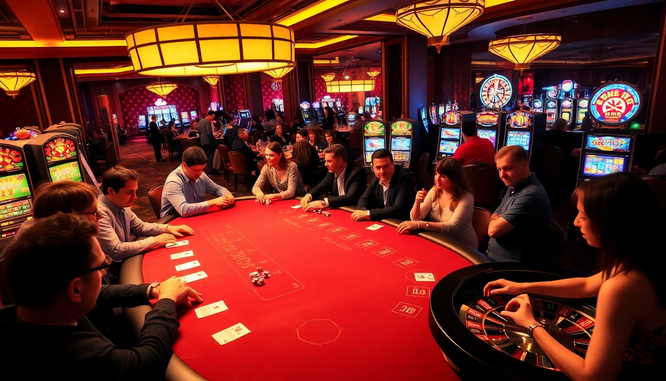 Experience the thrill at B52club as players enjoy poker and slot machines in a vibrant casino setting.