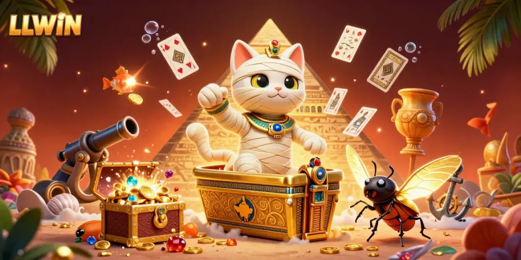 LLWIN offers thrilling 3D casino gaming with a mummy cat and scarab companions in an ancient Egyptian setting.