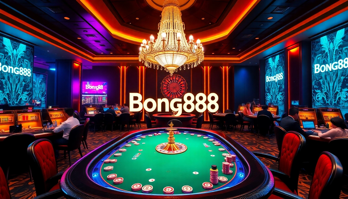 Bong88 players engaging in a thrilling game of poker with vibrant casino atmosphere.