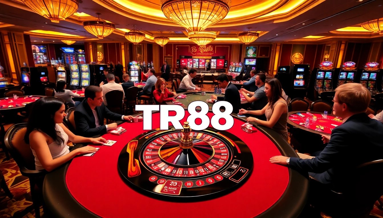 Players enjoying a thrilling moment at TR88 casino, surrounded by vibrant slot machines and casino tables.