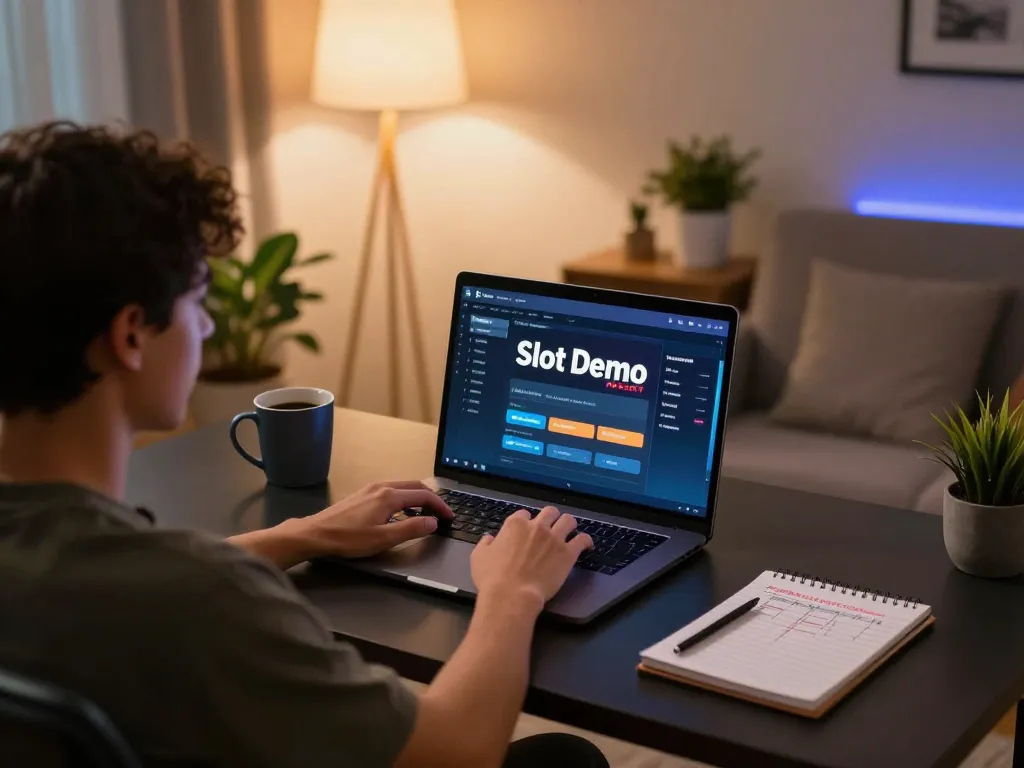 Pengalaman permainan yang menarik menampilkan Slot Demo PG Soft di layar laptop dalam pengaturan rumah yang nyaman