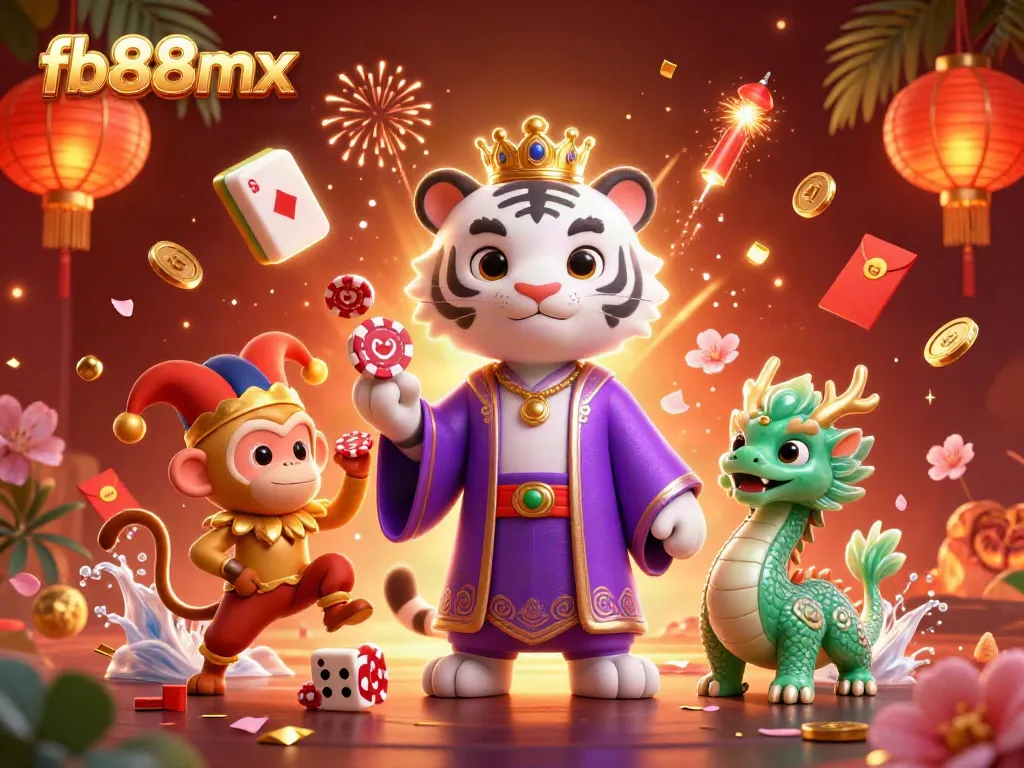 Experience the thrilling ambiance of fb88mx with a royal tiger, jester monkey, and jade dragon in a dynamic casino scene.