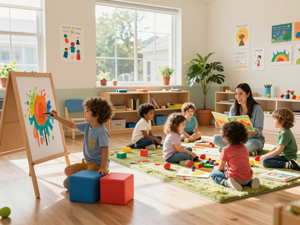 Children at play in a vibrant childcare center showcasing panen178 activities, fostering creativity and learning.