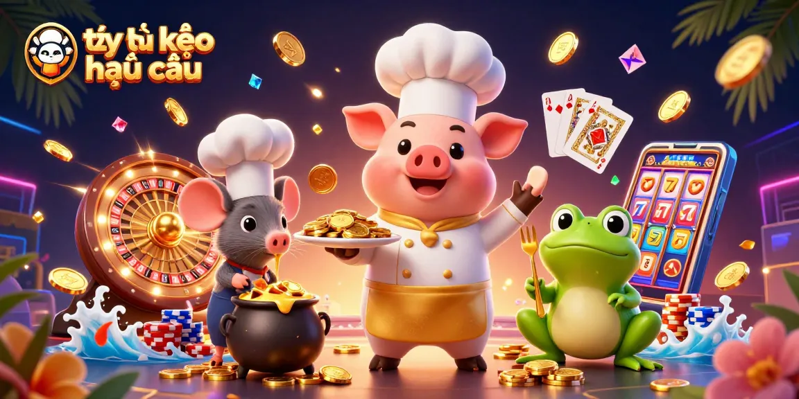 Engaging scene showcasing tỷ lệ kèo nhà cái with a chef pig presenting gold coins, along with a tasting mouse and critic frog.