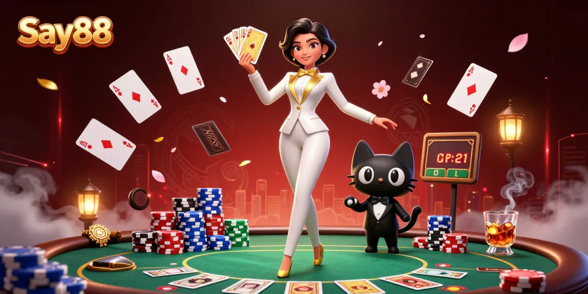 Play winning hands at Say88 with a glamorous dealer in a luxurious casino setting.