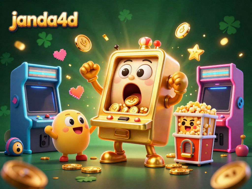 Mesin slot janda4d yang menang jackpot dengan koin berjatuhan, suasana keceriaan dan gemerlap.