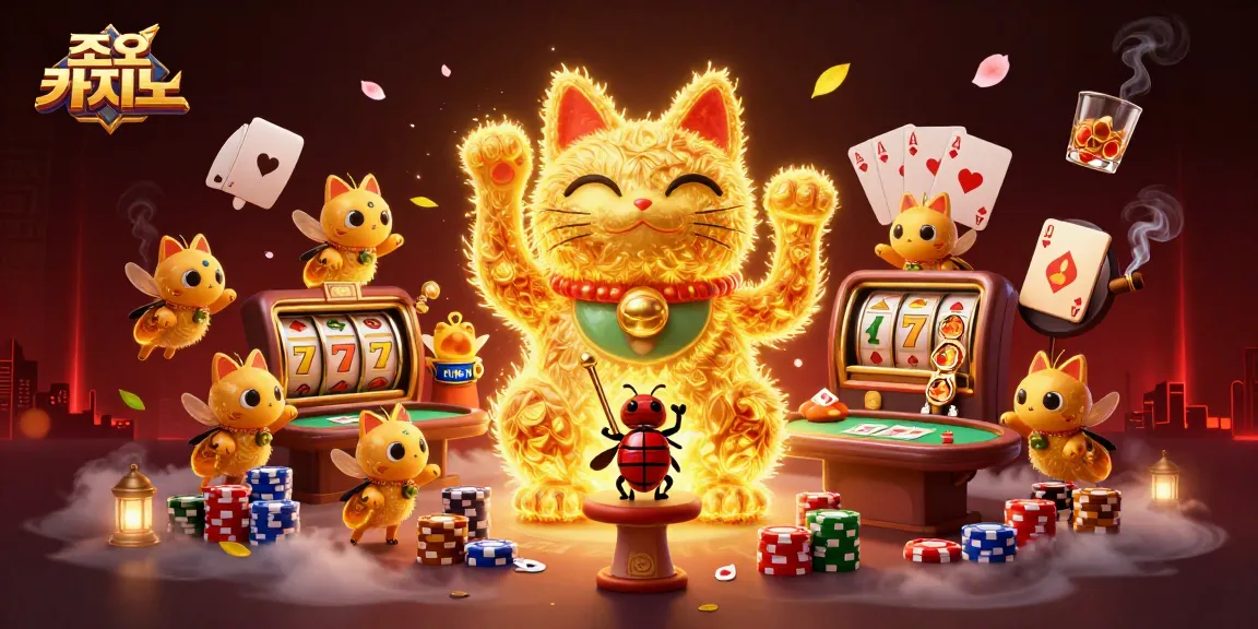 Win big with the vibrant scene of 조이카지노, showcasing a lucky cat and casino elements amidst a rich backdrop.