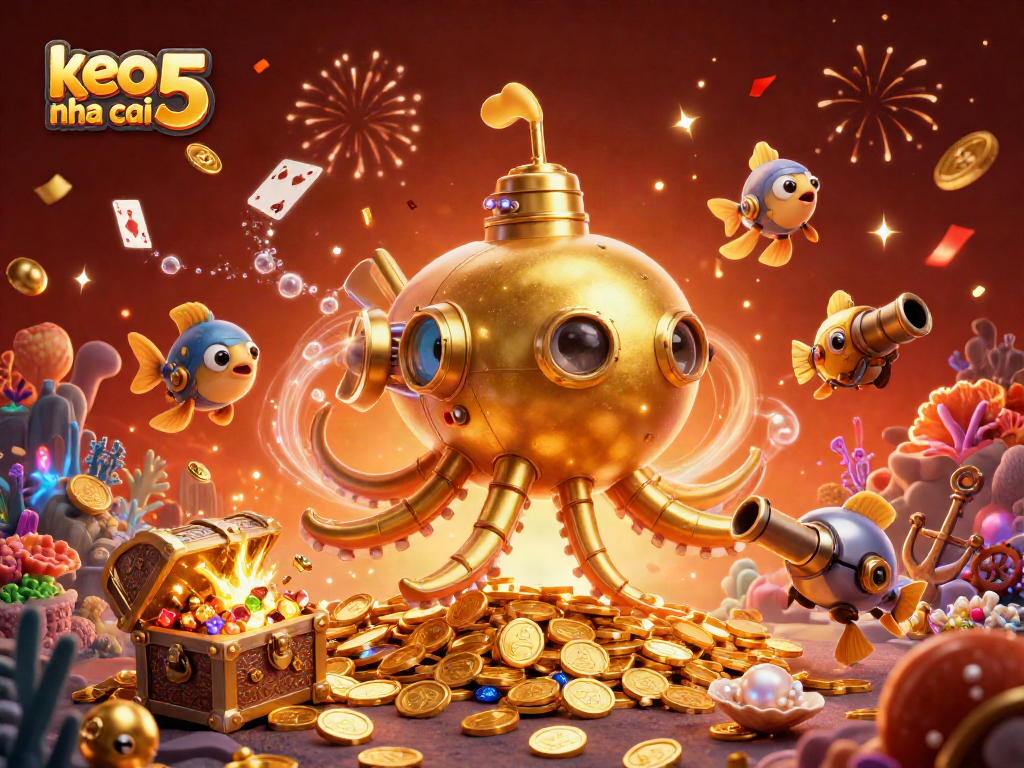 Engage with keo nha cai 5 through a vibrant underwater scene with a golden kraken and treasure!